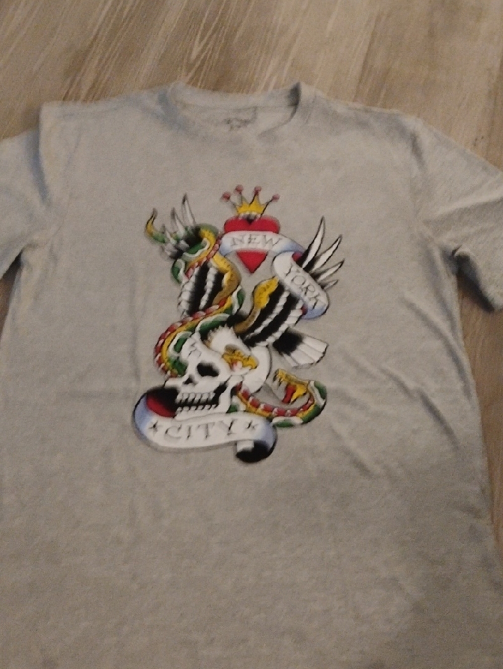 Ed Hardy Gray  LongTee with Colorful Skull, Snake & Wing Graphic
